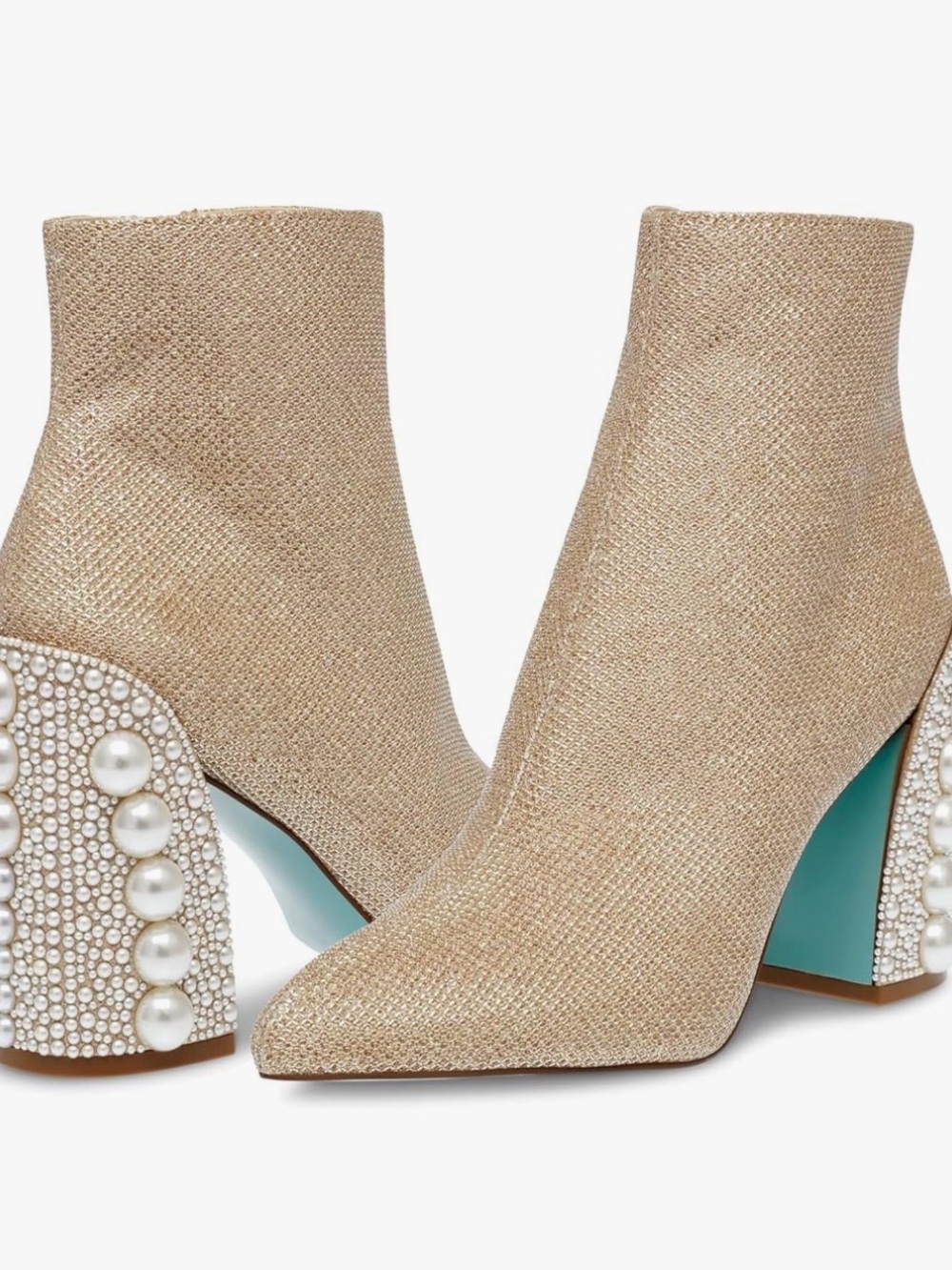 Betsey Johnson Champagne Pearl-Embellished Block Heel Ankle Boot